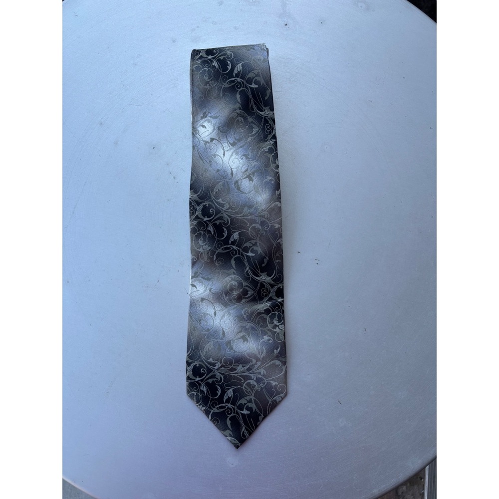 Pronto Uomo Silk Tie Mens XL Extra Long Gray Silver Floral Scroll Filigree Woven